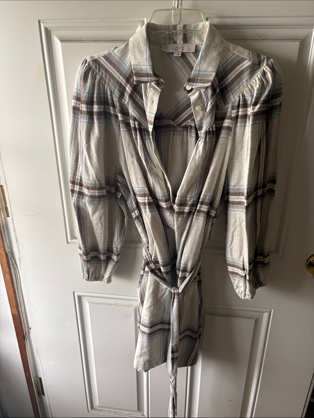LOFT Cream Plaid Tie-Front Mini Dress with Brown & Blue Stripes